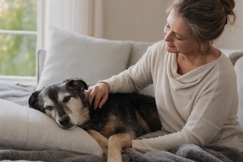 Älterer Turnspit Dog liegt entspannt auf einem gemütlichen Sofa, während sein Besitzer ihn liebevoll streichelt.