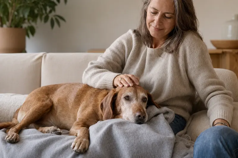 Älterer Ungarische Bracke Hund liegt entspannt auf einem Sofa, während sein Besitzer ihn liebevoll streichelt.