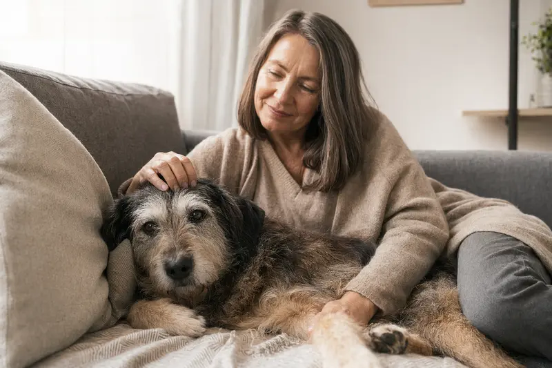 Älterer Ungarischer Hirtenhund liegt entspannt auf einem Sofa, während sein Besitzer ihn liebevoll streichelt.