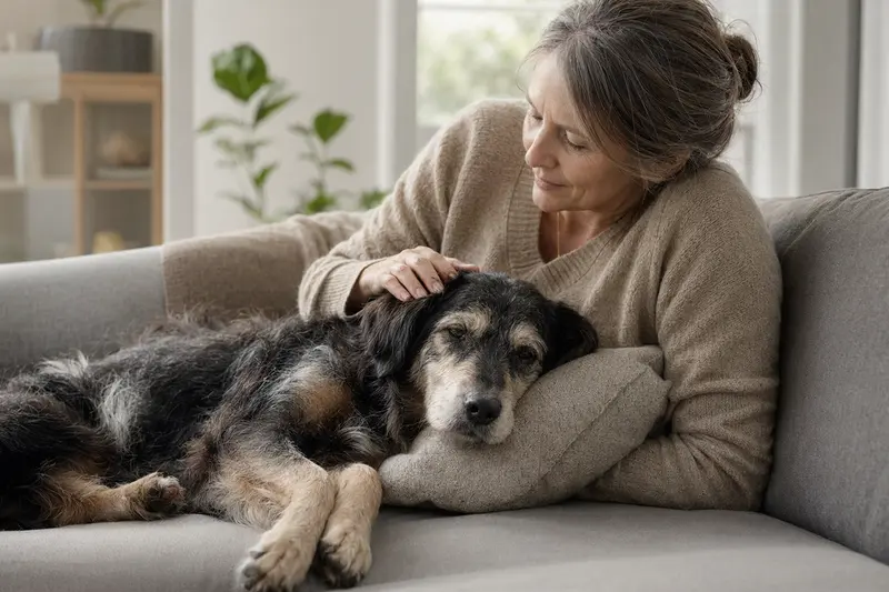 Ein älterer Urrador Hund liegt entspannt auf einem Sofa, während sein Besitzer ihn liebevoll streichelt, was Wärme, Fürsorge und Sicherheit im Zuhause vermittelt.