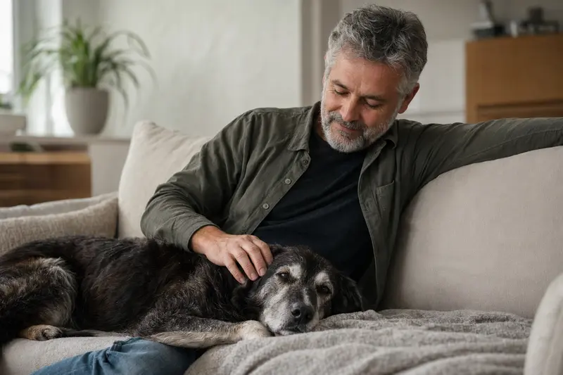 Älterer Hund entspannt auf einem Sofa, während ihn sein Besitzer liebevoll streichelt – ein Bild für Fürsorge und Sicherheit beim älteren Hund.