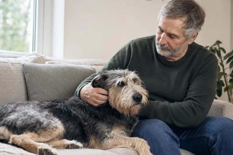 Ein älterer Villano de las Encartaciones liegt entspannt auf einem Sofa, während sein Besitzer ihn liebevoll streichelt.