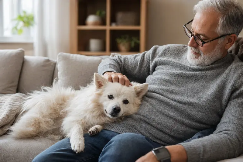 Ein älterer Volpino Italiano Hund liegt entspannt auf einem Sofa, während sein Besitzer ihn liebevoll streichelt.