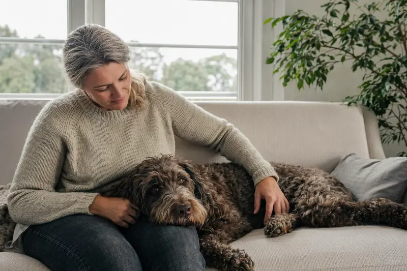 Ein älterer Wasserhund der Romagna liegt entspannt auf einem Sofa, während sein Besitzer ihn liebevoll streichelt und so ein Gefühl von Sicherheit und Fürsorge vermittelt.