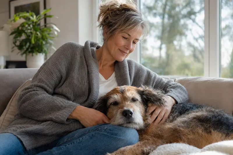 Ein älterer Waterside Terrier liegt entspannt auf einem gemütlichen Sofa, während sein Besitzer ihn liebevoll streichelt.