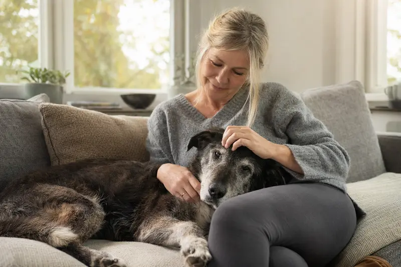 Ein älterer Weimaraner Hund entspannt auf einem Sofa, während sein Besitzer ihn liebevoll streichelt und eine warme Lichtstimmung die Szene umgibt.