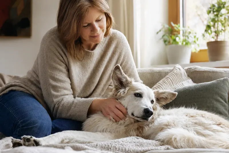 Ein älterer weißer Schäferhund liegt entspannt auf dem Sofa, während sein Besitzer ihn liebevoll streichelt.