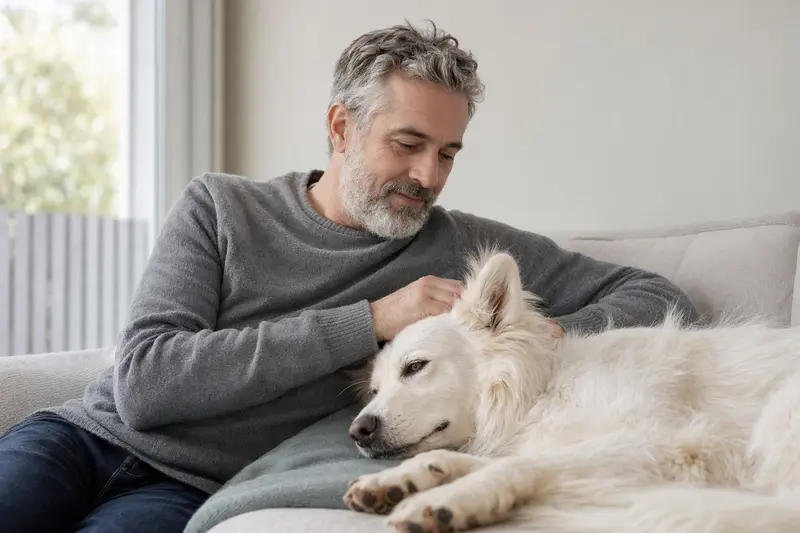 Ein älterer Weißer Schweizer Schäferhund liegt entspannt auf einem Sofa, während sein Besitzer ihn liebevoll streichelt.