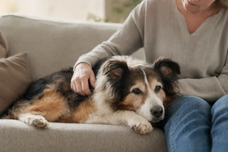 Ein älterer Welsh Collie liegt entspannt auf einem Sofa, während sein Besitzer ihn liebevoll streichelt, was ein Gefühl von Fürsorge und Sicherheit vermittelt.