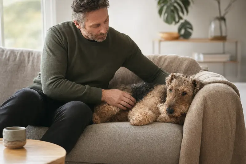 Ein älterer Welsh Terrier entspannt auf einem Sofa, während sein Besitzer ihn liebevoll streichelt und eine warme Lichtstimmung im Raum herrscht.