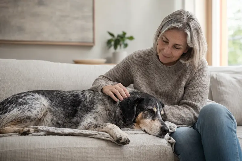 Ein älterer Westerwälder Kuhhund liegt entspannt auf dem Sofa, während sein Besitzer ihn liebevoll streichelt.