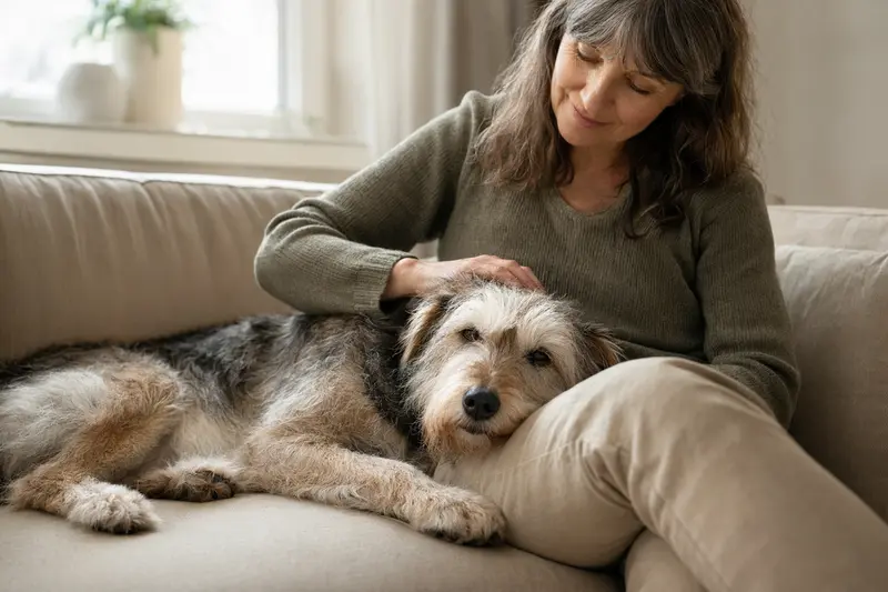 Ein älterer Westfalenterrier liegt entspannt auf dem Sofa, während sein Besitzer ihn liebevoll streichelt.