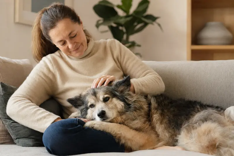Älterer Westgotenspitz liegt entspannt auf einem Sofa, während ihn sein Besitzer liebevoll streichelt.
