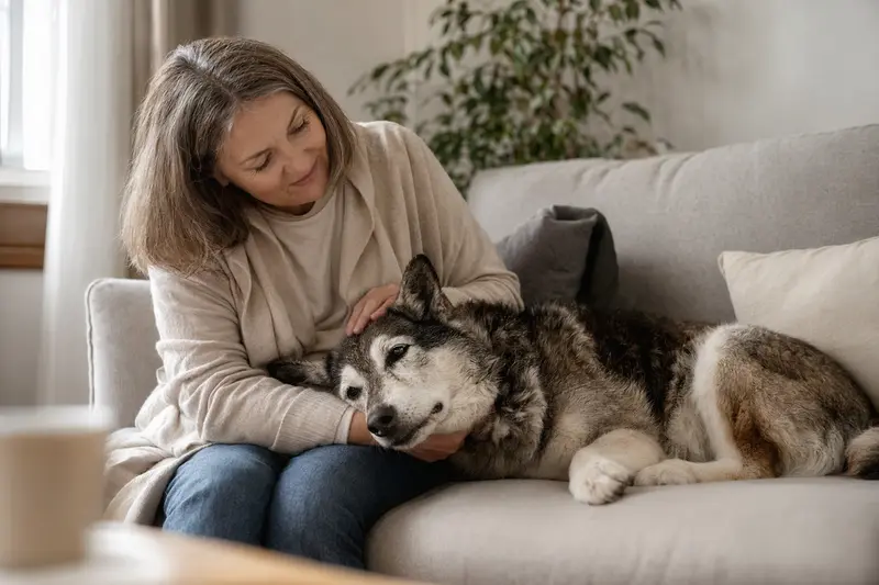 Ein älterer Westsibirischer Laika Hund liegt entspannt auf einem gemütlichen Sofa, während sein Besitzer ihn liebevoll streichelt und eine warme Lichtstimmung das Zuhause umgibt.