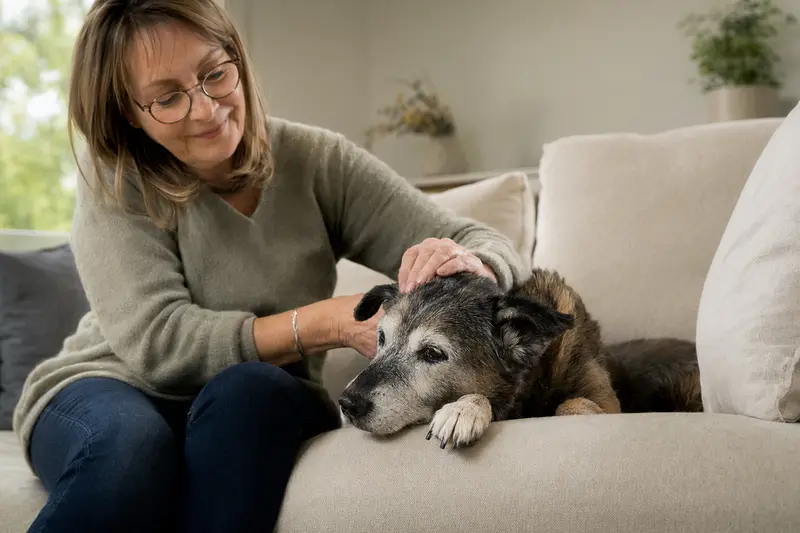 Ein älterer Wetterhond Hund liegt entspannt auf einem Sofa, während sein Besitzer ihn liebevoll streichelt und eine warme Lichtstimmung im Raum herrscht.