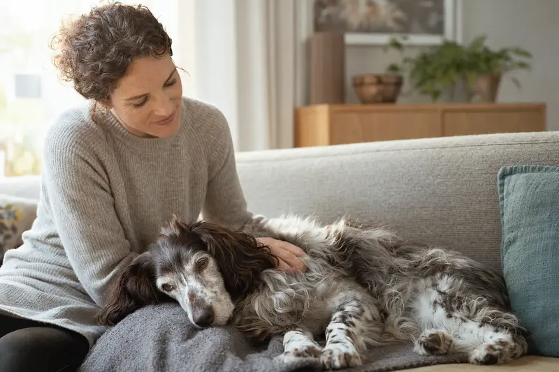 Ein älterer Wetterhoun Hund liegt entspannt auf einem Sofa, während sein Besitzer ihn liebevoll streichelt und eine warme Lichtstimmung schafft.