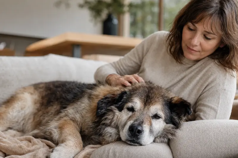 Ein älterer Wolfs-Chow Hund liegt entspannt auf einem Sofa, während sein Besitzer ihn liebevoll streichelt.