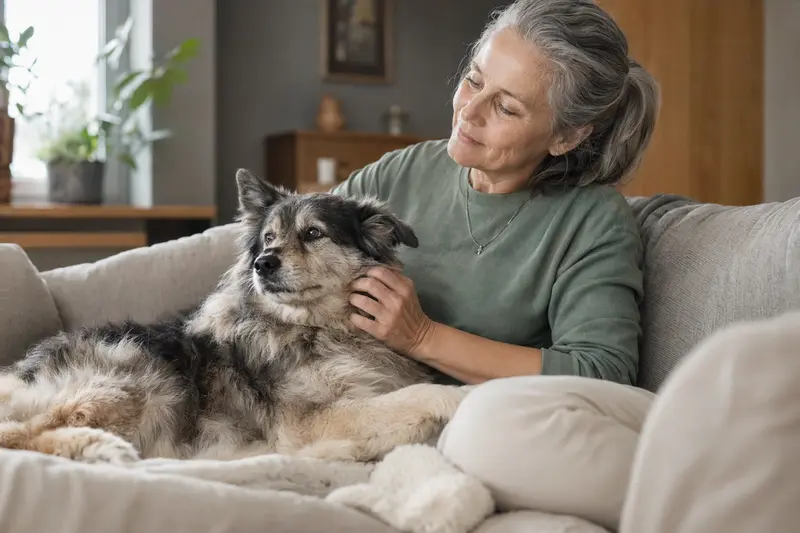 Ein älterer Wolfsspitz Hund liegt entspannt auf einem gemütlichen Sofa, während sein Besitzer ihn liebevoll streichelt.