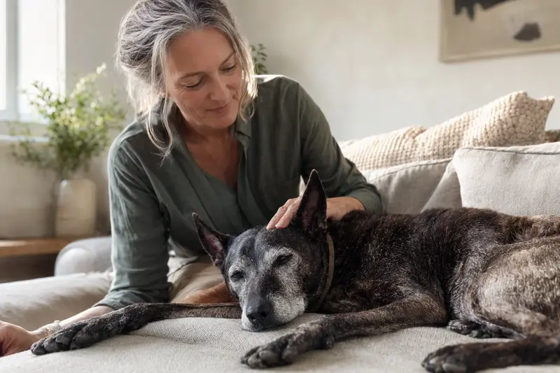 Ein älterer XoloitzcuintleHund liegt entspannt auf einem Sofa, während sein Besitzer ihn liebevoll streichelt.