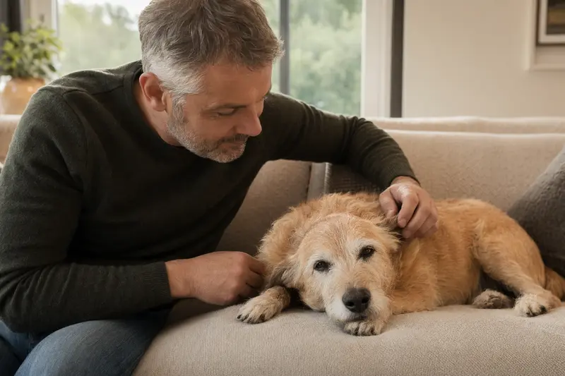 Ein älterer Hund liegt entspannt auf einem gemütlichen Sofa, während sein Besitzer ihn liebevoll streichelt.
