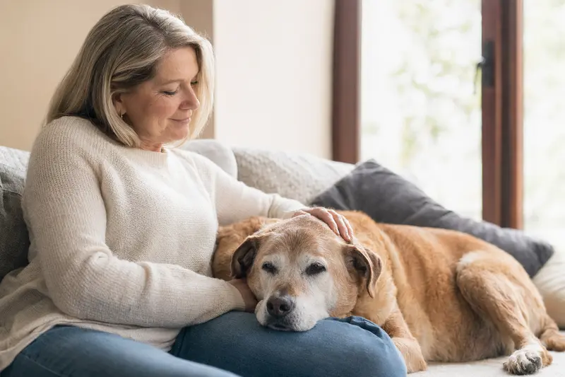 Ein älterer Yellow Dog Hund liegt entspannt auf einem gemütlichen Sofa, während sein Besitzer ihn liebevoll streichelt.