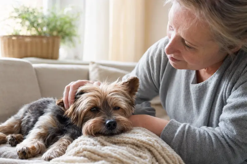 Ein älterer Yorkshire Terrier entspannt auf einem Sofa, während sein Besitzer ihn liebevoll streichelt.