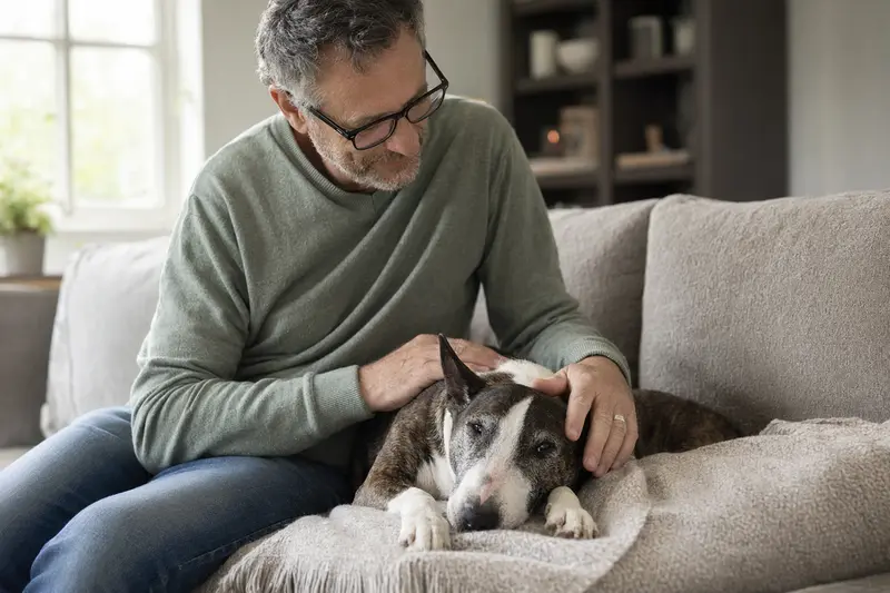 Älterer Zwerg Bull Terrier liegt entspannt auf einem Sofa, während sein Besitzer ihn liebevoll streichelt – ein ruhiger Moment voller Fürsorge und Sicherheit.