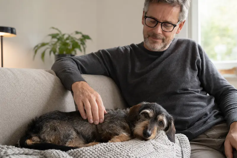 Ein älterer Zwergdackel liegt entspannt auf einem Sofa, während sein Besitzer ihn liebevoll streichelt.