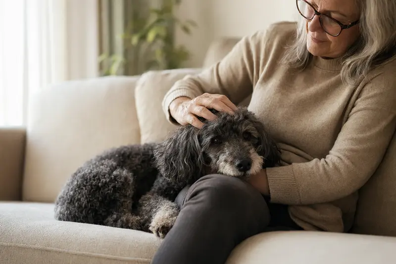 Älterer Zwergpudel liegt entspannt auf einem Sofa, während sein Besitzer ihn liebevoll streichelt – ein Bild für Fürsorge und Sicherheit beim Hund.