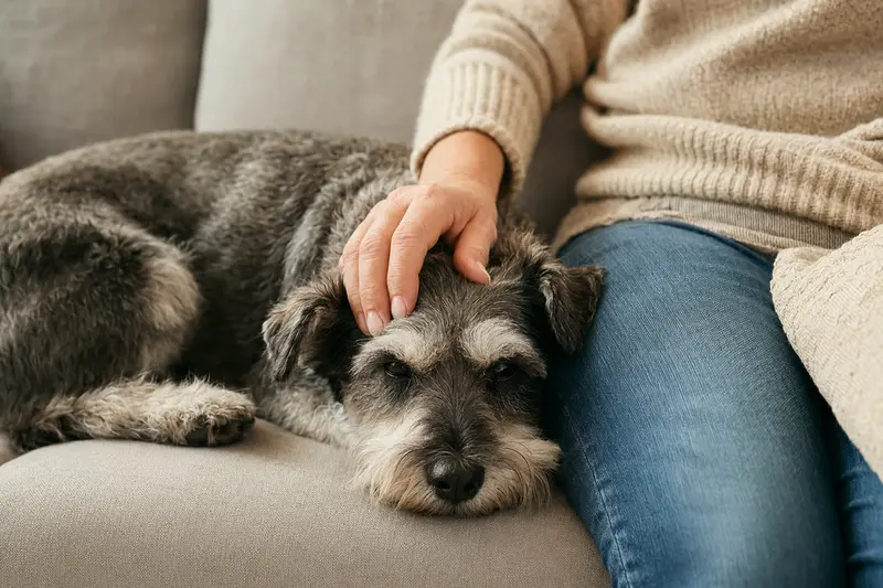 Älterer Zwergschnauzer liegt entspannt auf einem Sofa, während sein Besitzer ihn liebevoll streichelt, als Symbol für Fürsorge und Sicherheit im Zuhause.