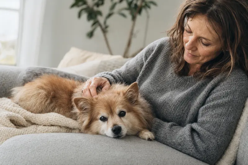 Älterer Zwergspitz liegt entspannt auf dem Sofa, während sein Besitzer ihn liebevoll streichelt und ihm Geborgenheit schenkt.