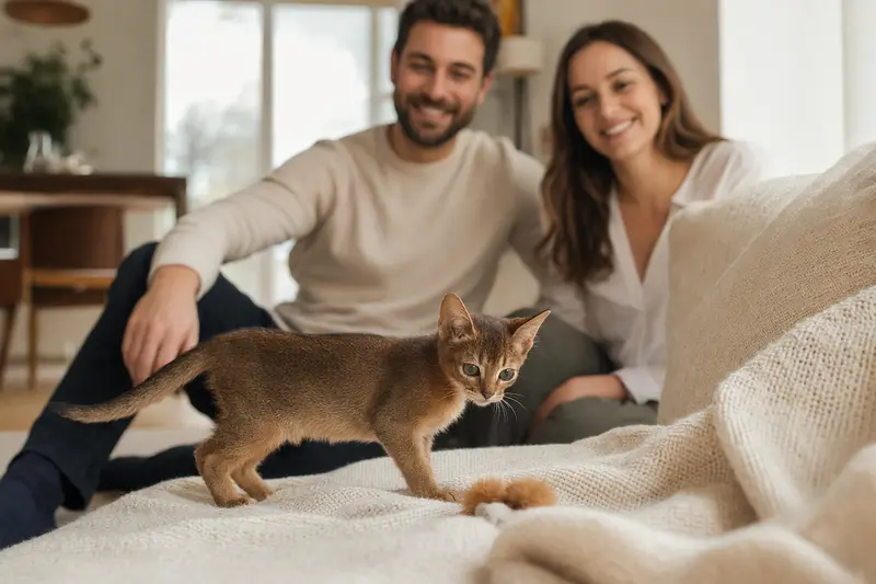 Ein neugieriges Abessinier Katzen Kitten erkundet sein neues Zuhause mit weicher Decke und Spielzeug.