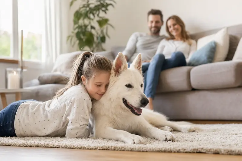 Ein freundlicher weißer Schäferhund liegt entspannt neben einem Kind im hellen Wohnzimmer, während die Eltern im Hintergrund eine warme Familienatmosphäre schaffen.