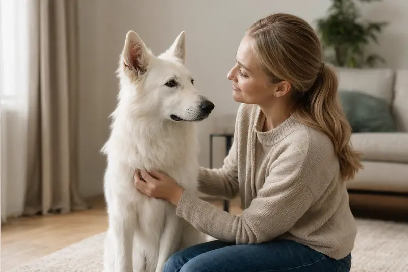 Weißer Schäferhund in natürlicher Haltung vor hellem Hintergrund als realistisches Hundeportrait.