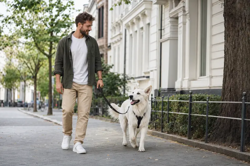 Ein weißer Schäferhund läuft angeleint mit seinem Besitzer entspannt durch eine moderne Stadtstraße.