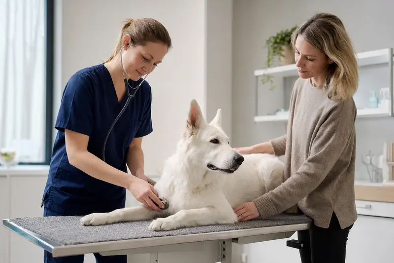 Eine Tierärztin untersucht einen ruhigen weißen Schäferhund mit dem Stethoskop, während der Besitzer in einer hellen Tierarztpraxis beruhigend danebensteht.