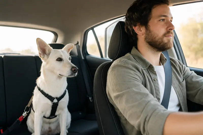 Ein Weißer Schäferhund sitzt sicher angeschnallt auf der Rückbank eines Autos, während der Besitzer ruhig fährt.