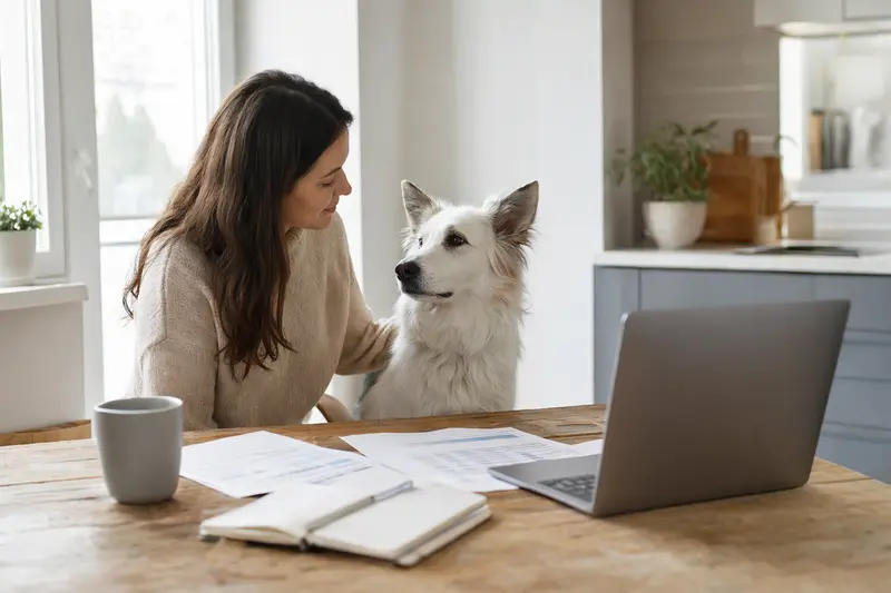 Ein Weisser Schäferhund sitzt ruhig neben seinem Besitzer am Küchentisch, während Versicherungsunterlagen und ein Laptop zur Hundekrankenversicherung vor ihm liegen.