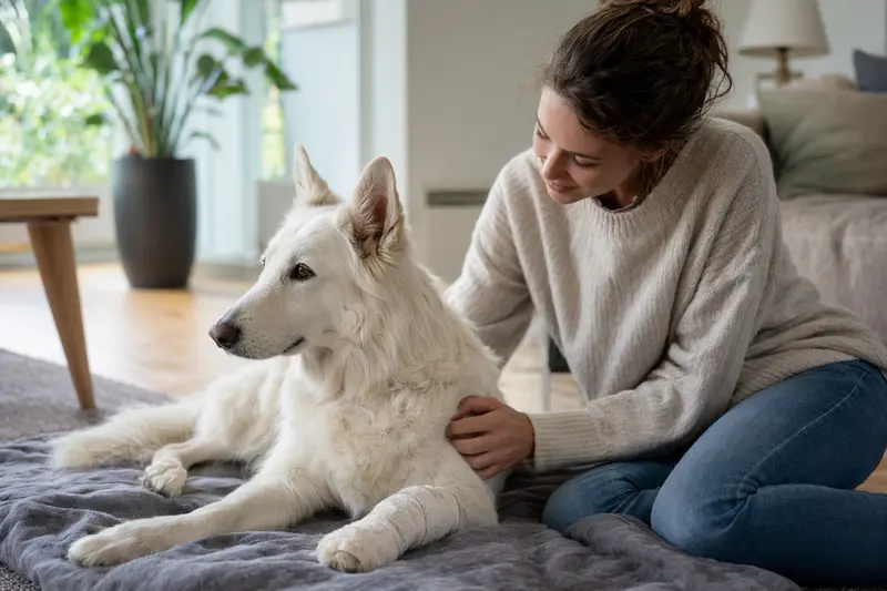 Weißer Schäferhund mit leicht bandagierter Pfote liegt ruhig auf einer Decke, während sein Besitzer neben ihm erleichtert in einer hellen Wohnung sitzt.