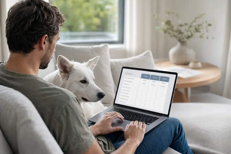 Besitzer sitzt auf dem Sofa mit Laptop, während ein weißer Schäferhund neben ihm liegt und eine Versicherungsvergleichsseite auf dem Bildschirm sichtbar ist.