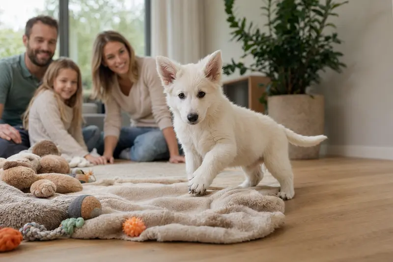 Junger Weißer Schäferhund Welpe erkundet neugierig sein neues Zuhause in einer hellen Wohnung mit weicher Decke und Spielzeug.