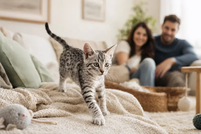 Ein neugieriges Ägyptische Mau Katzen Kitten erkundet seine weiche Decke und Spielzeuge in einer freundlichen Wohnung.