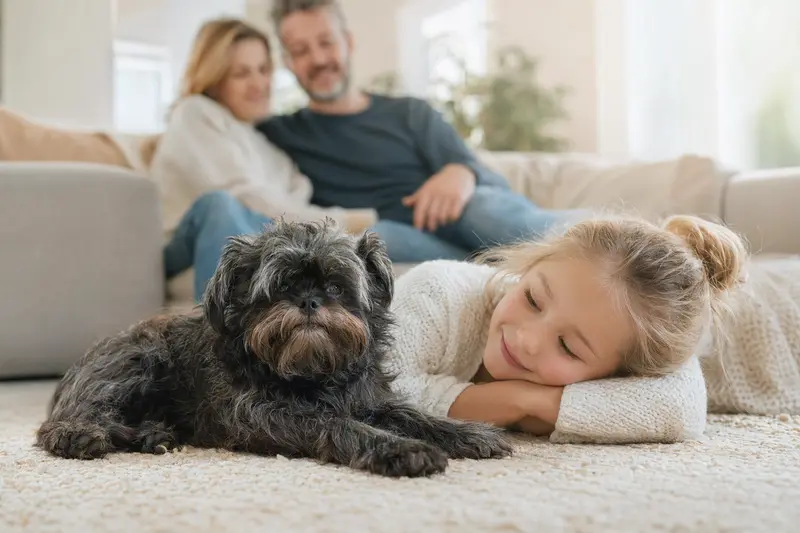 Ein entspannter Affenpinscher Hund liegt neben einem Kind im Wohnzimmer, während die Eltern im Hintergrund zu sehen sind.