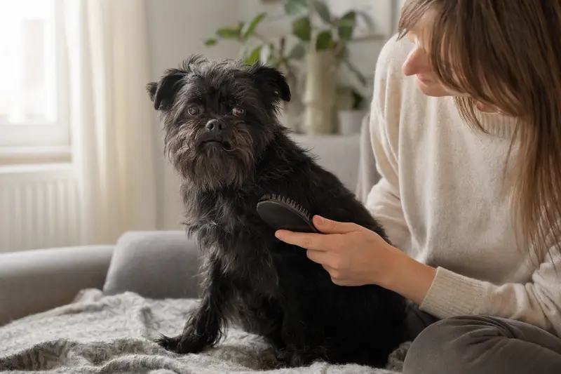 Ein Affenpinscher wird liebevoll von seinem Besitzer zuhause gebürstet, was die Wichtigkeit der Fellpflege zeigt.