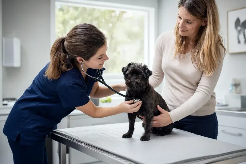 Ein ruhiger Affenpinscher Hund wird vorsichtig von einer freundlichen Tierärztin mit einem Stethoskop in einer modernen Tierarztpraxis untersucht.