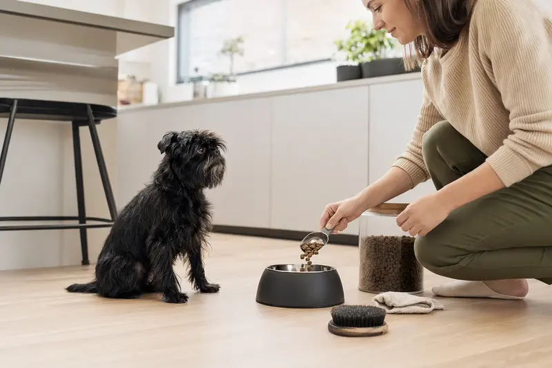 Ein Affenpinscher Hund sitzt neben einem hochwertigen Futternapf und Pflegezubehör in einer modernen Küche, während der Besitzer Futter vorbereitet.