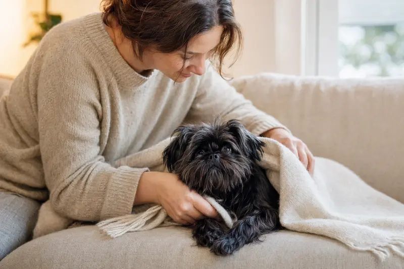 Ein entspannter Affenpinscher liegt in einem hellen Zuhause, während sein Besitzer ihm liebevoll eine Decke überlegt und Geborgenheit vermittelt.