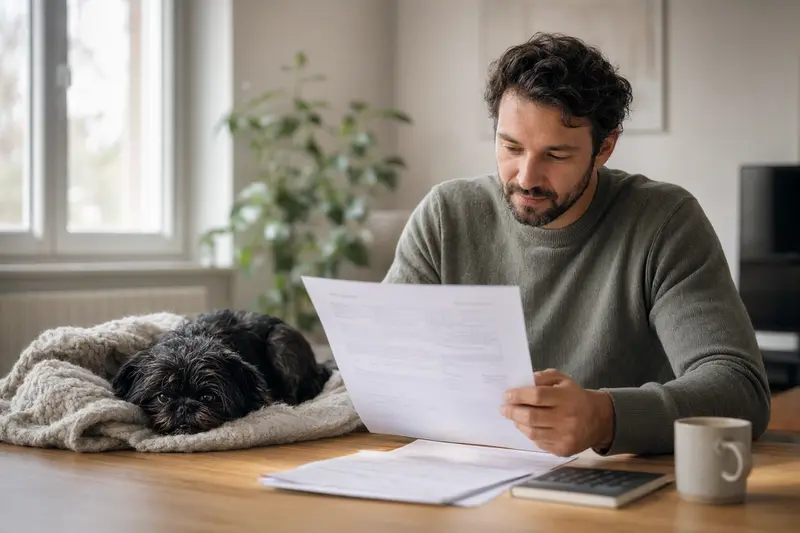 Ein entspannter Affenpinscher Hund liegt auf einer Decke, während sein Besitzer am Tisch eine Tierarztrechnung studiert, in einer hellen und ruhigen Wohnung.