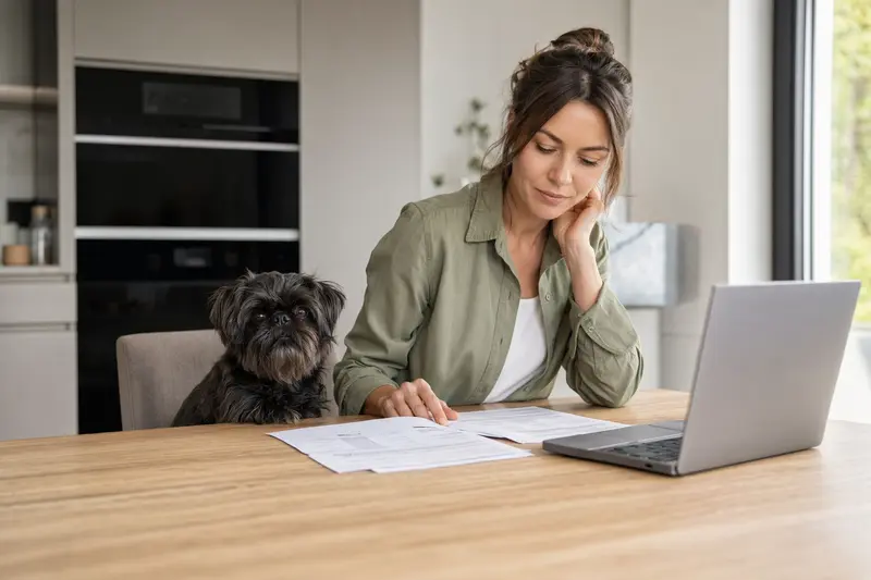 Ein Affenpinscher sitzt ruhig am Küchentisch neben seinem Besitzer, während Versicherungsunterlagen und ein Laptop auf dem Tisch liegen.