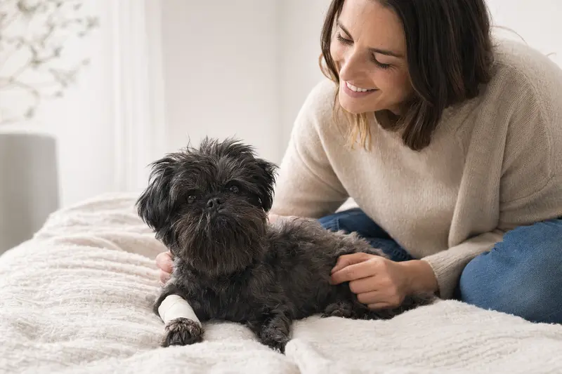 Ein Affenpinscher mit Verb band an der Pfote liegt ruhig neben seinem erleichterten Besitzer auf einer Decke in einer hellen Wohnung.